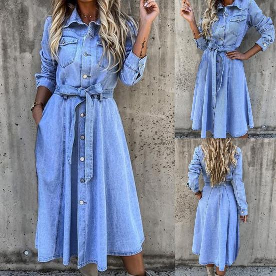 Single-Breasted High Waist Denim Dress Shrink-resistant Lapel Belt Long Sleeve Women Midi Dress Streetwear