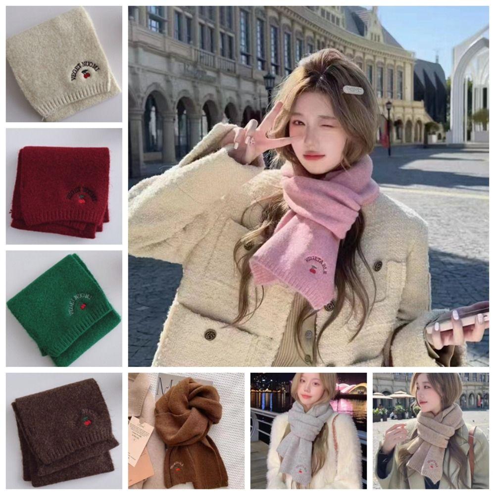 Solid Color Cartoon Thick Shawl Keep Warm Long Scarf Soft Cherry Knitted Scarf Girls