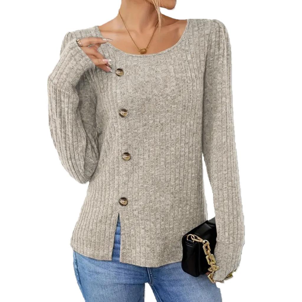GMXIA Autumn Winter Solid Color O-Neck Button Long Sleeve Loose T-shirt Top Woman