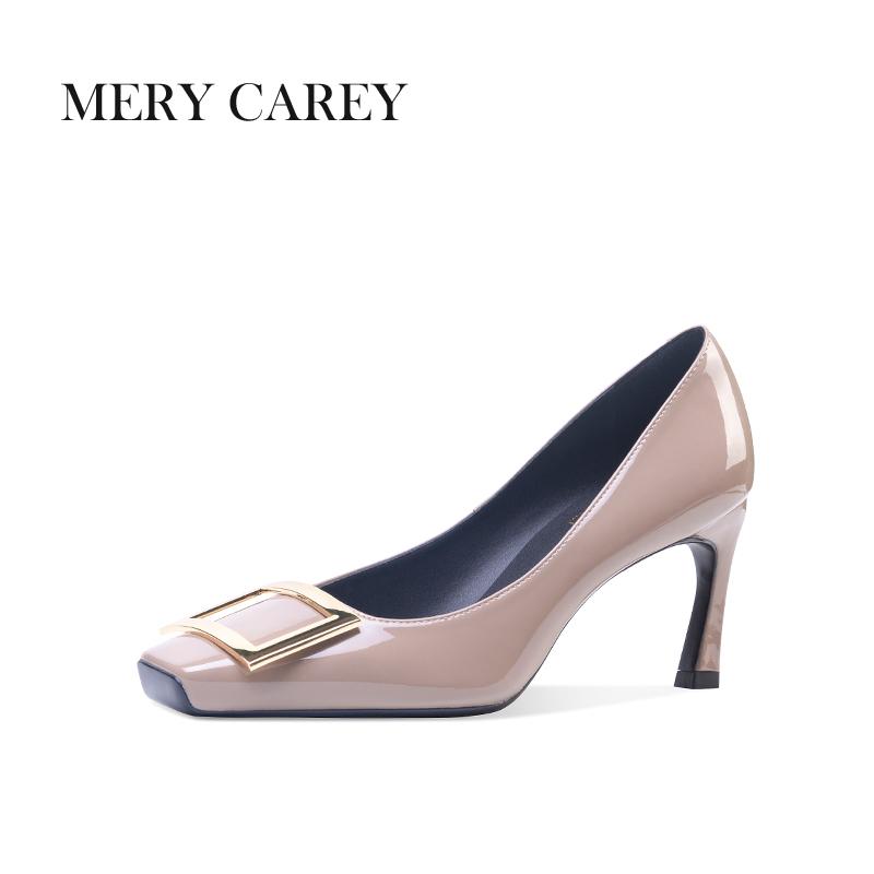 Роскошные кожаные туфли на высоком каблуке для женщин 2024 года, новые летние туфли-лодочки с квадратным носком и французским темпераментом для офиса, телесные туфли для девочек