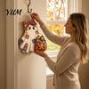 Outdoor Porch Decor Halloween Cute Bow Ghost Door Sign, Wooden Patchwork Hanging Plaque with Pumpkin Candy Basket, Party Background Retro Wall Pendant