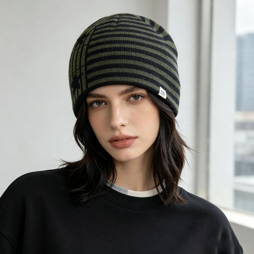 American street star jacquard striped knitted hat autumn and winter warm ear protection contrasting color small standard wool hat windproof cold hat