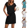 Women's Summer V-neck T-shirt Casual Short Sleeve Drawstring With Pocket Solid Color Dresses
