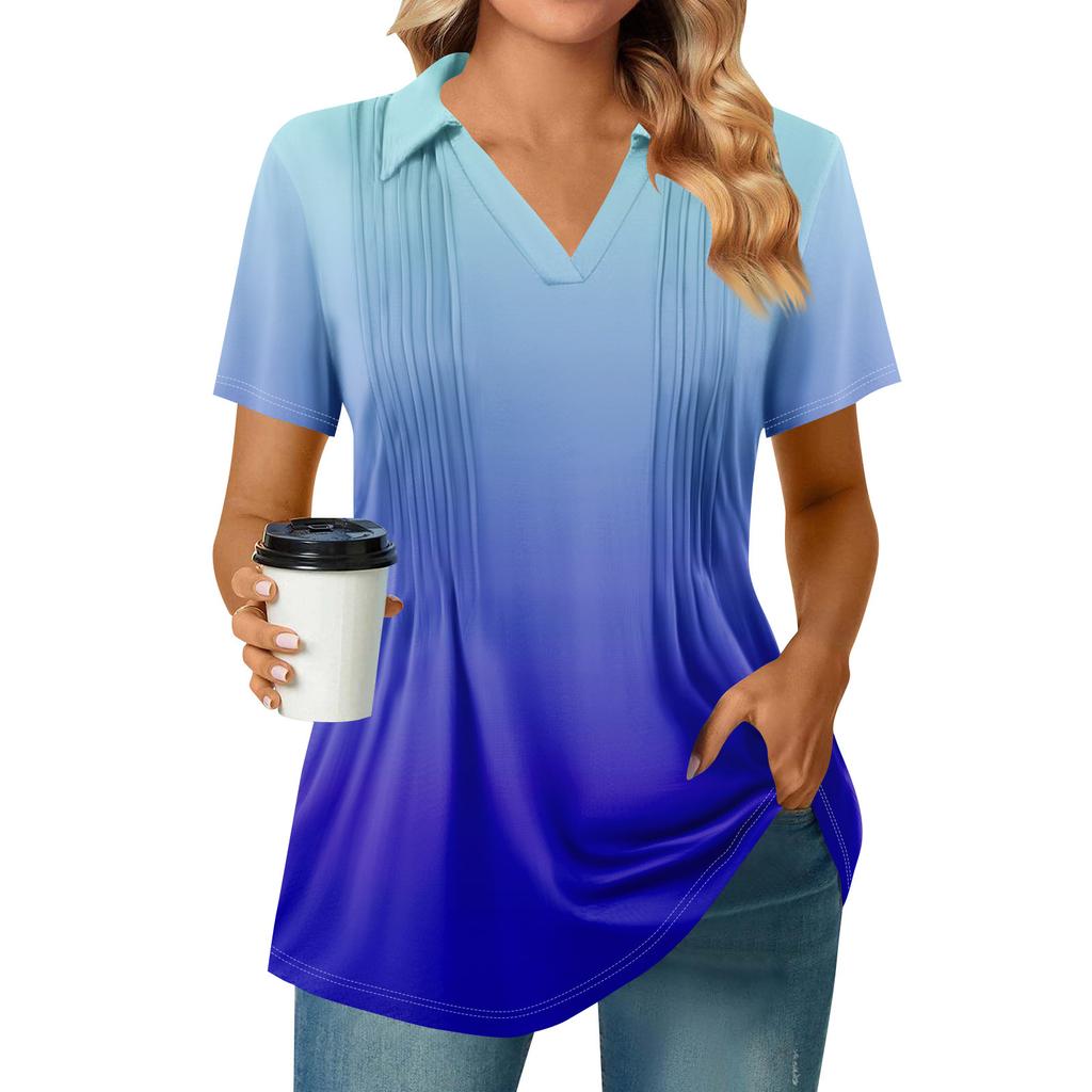 Женские футболки с коротким рукавом, плиссированные, с V-образным вырезом, с принтом, с воротником, летние топы, модные, деловые, повседневные, рабочие