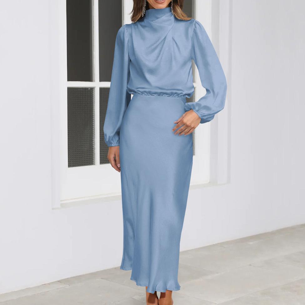 Женское весеннее вечернее платье с длинным рукавом-фонариком, элегантное длинное платье трапециевидной формы с бретелькой на шее и высокой талией, сплошной цвет