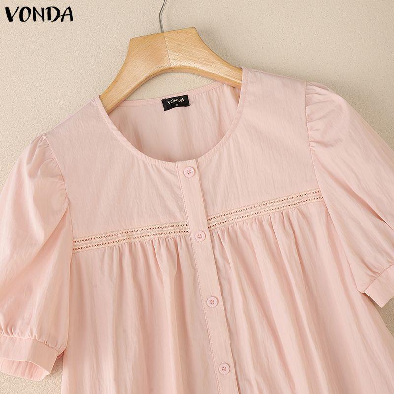 VONDA Wemen Casual Round Neck Puff Sleeve Embroidery Hem Buttons Blouse