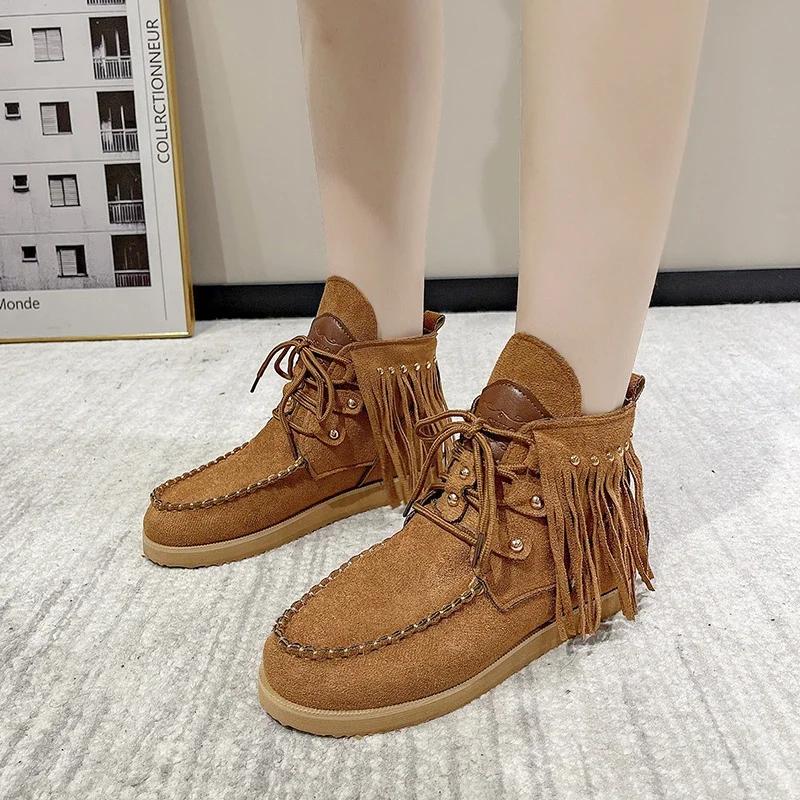Vintage Tassel Lace-up Ankle Boots for Women Autumn Winter Pointed Toe Cowgirl Boots Woman Suede Western Cowboy Chelsea Boots