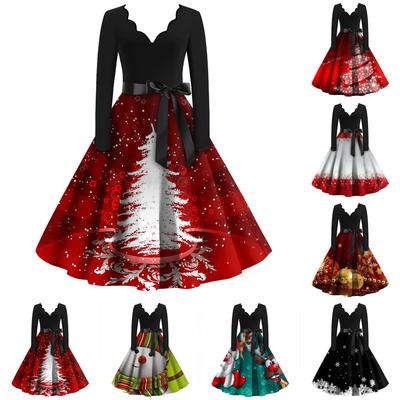 Женские модные повседневные тонкие рождественские платья с длинным рукавом с v-образным вырезом и принтом