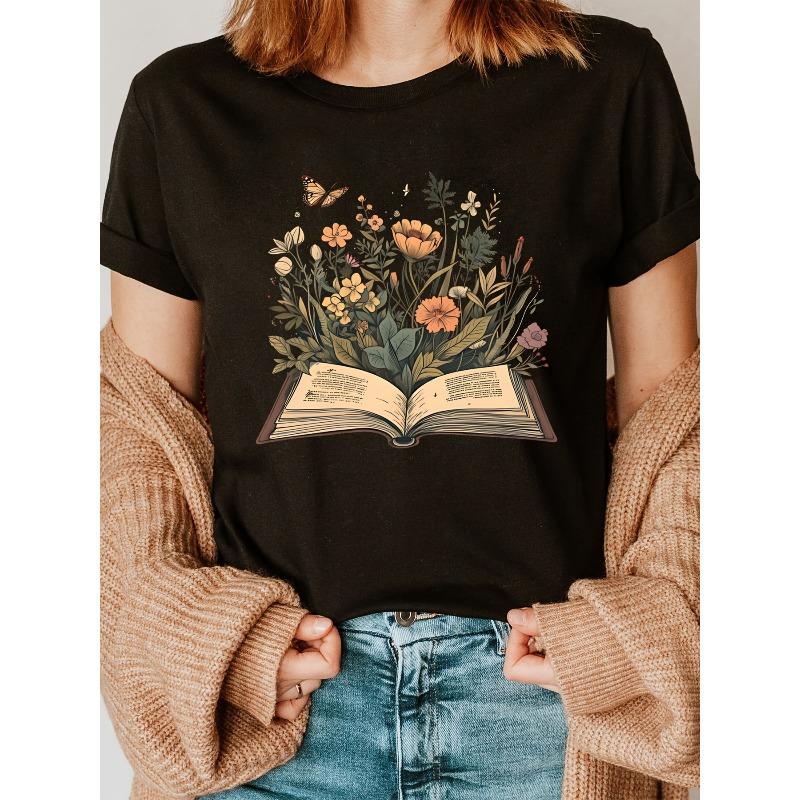 Футболка с принтом «Любитель книг», с круглым вырезом, с коротким рукавом, повседневный топ для лета и весны, женская одежда