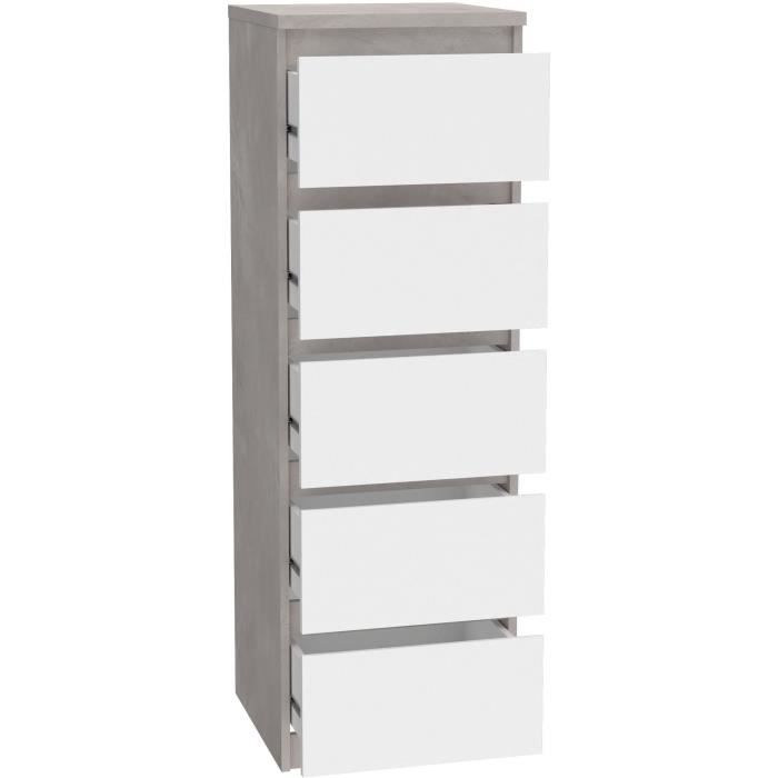 Commode CHELSEA 5 tiroirs - 41,8 cm - Décor optique béton clair KILOX et blanc mat