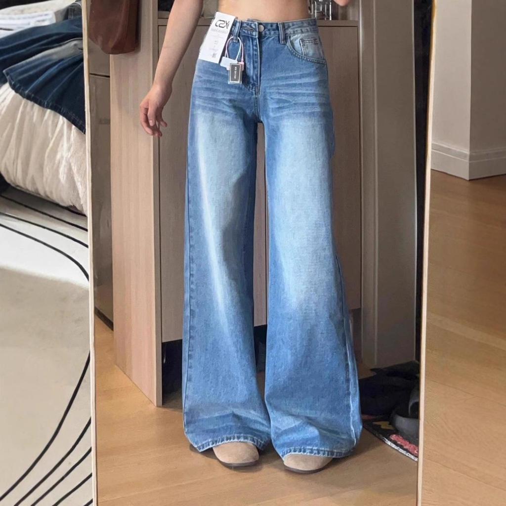2025 American Style High-Waisted Medium Blue Wide-Leg Jeans - Women's Summer Slimming, Hip-Lifting & Flaw-Hiding.