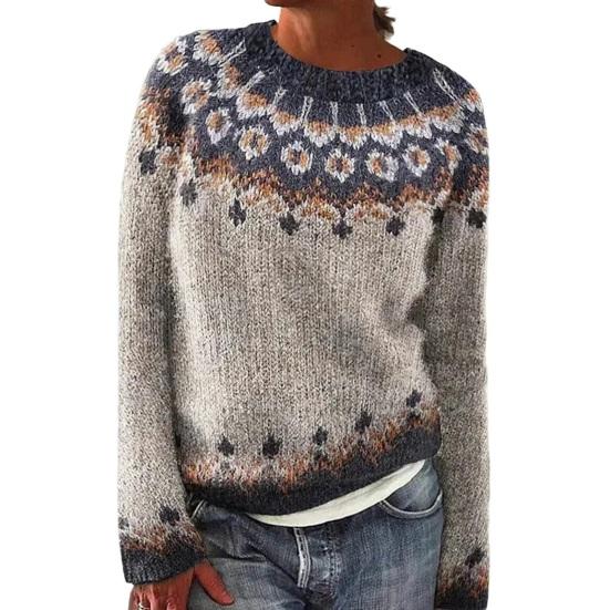 Женский свитер с круглым вырезом, длинным рукавом, в стиле пэчворк, вязаный топ, свободный подол, трикотаж с принтом, зимняя одежда