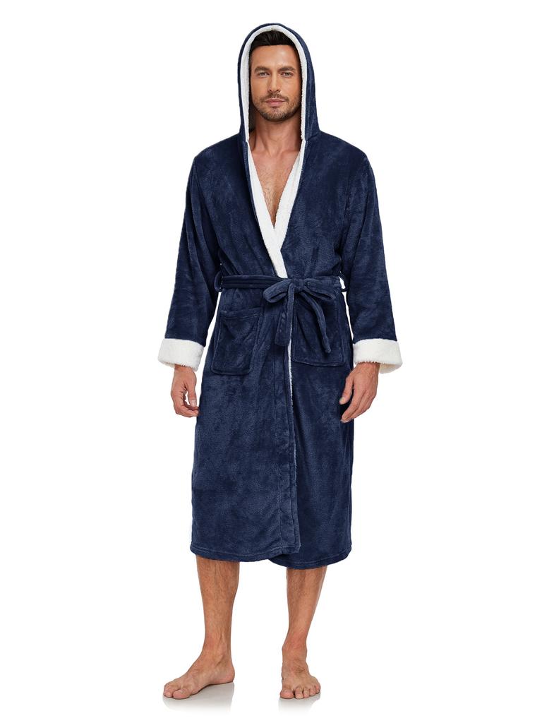 Hooded Robes for Men Full Length Spa Bathrobes Soft House Sleepwear Coat with Hood and Pockets Men's Winter Warm Plush Fleece Robe Hooded Fluffy Robes