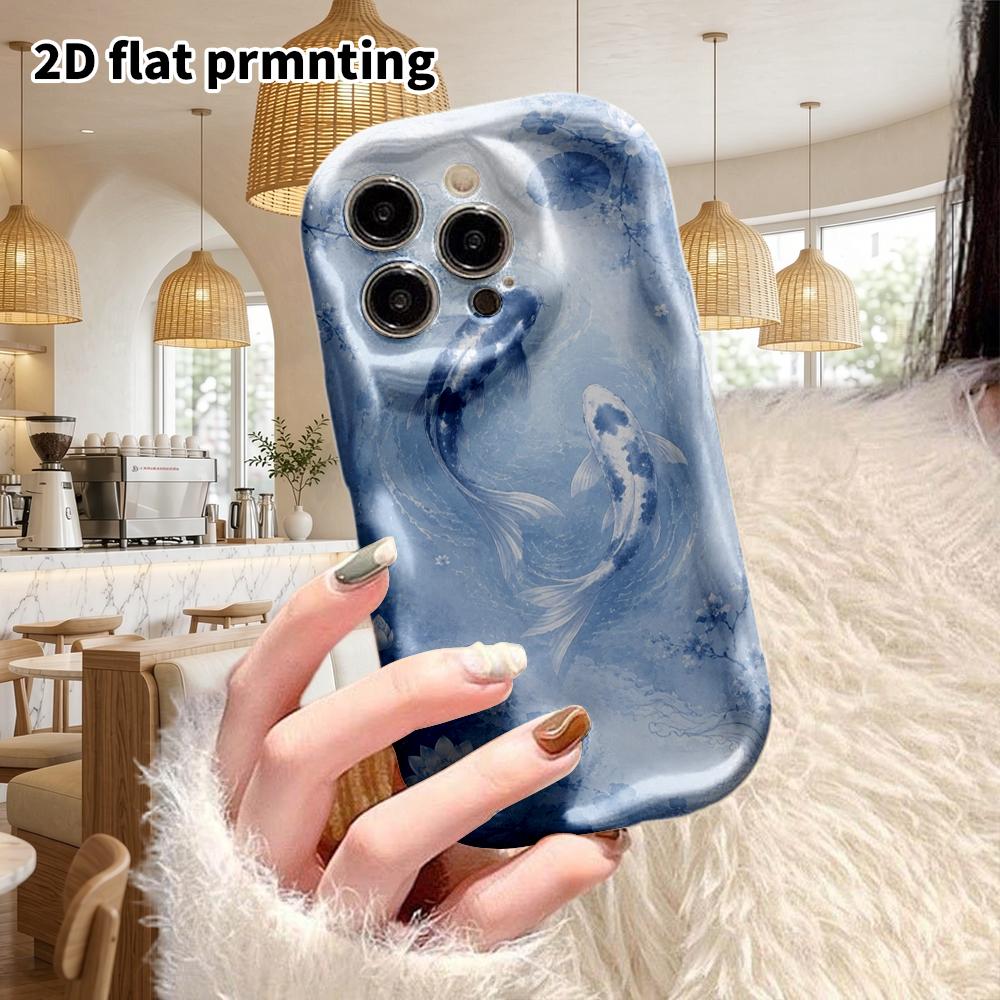 Phone Case: 2D flat design suitable for iPhone 18 17 16 15 14 13 Pro, couple style, blue and white koi, Christmas and Halloween gifts
