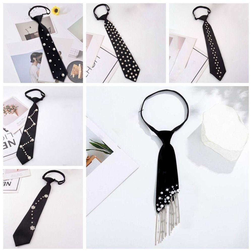 Korean Style Pearls Tie Black Decoration Shirt Tie Elegant Hand-beaded Long Necktie Students