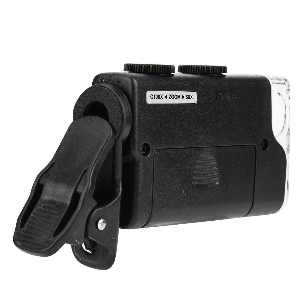 Микроскоп для телефона Увеличитель 60~100-кратное увеличение со светодиодной и УФ-подсветкой Наблюдение за крошечными объектами