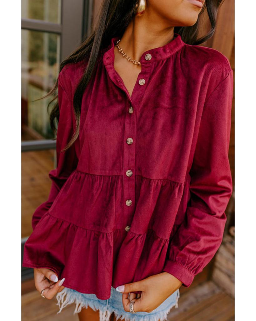 Azura Exchange Рубашка с круглым вырезом цвета бордового вельвета с оборками и пуговицами