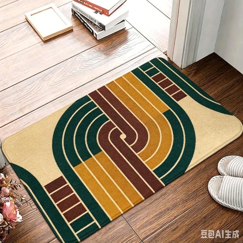 Retro 70s Geometric Welcome Doormat Mid-Century Modern Floor Mat Orange Yellow Abstract Lines Entrance Rug Vintage Home Decor