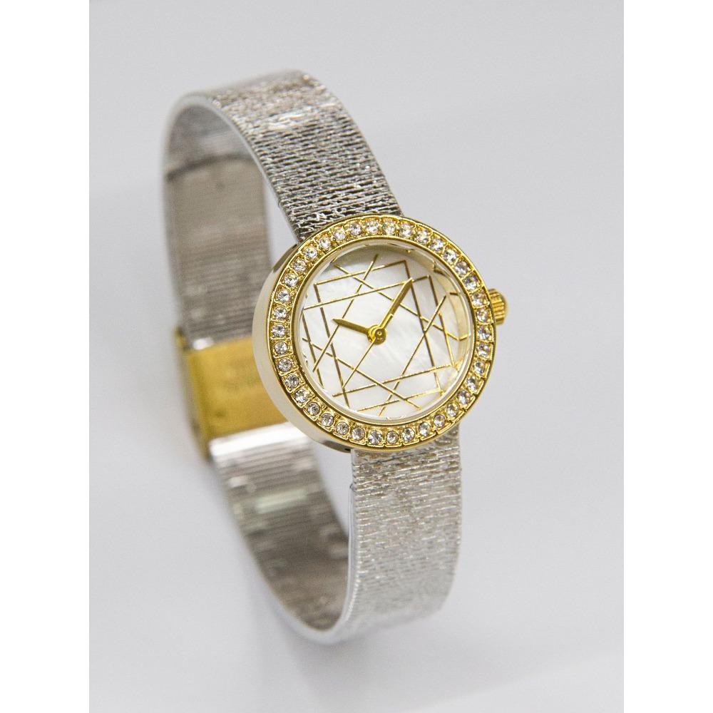 Round Quartz Watch For Women Rhinestone Bezel Geometric Line Dial Textured Mesh Strap Elegant Daily Waterproof Wristwatch