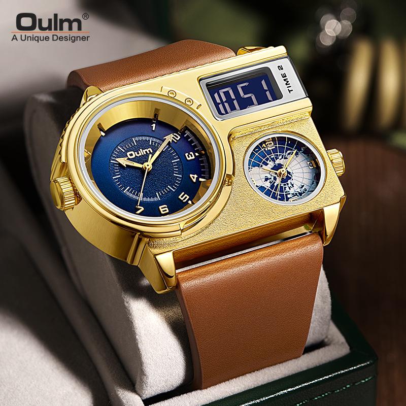 Oulm Large Dial Quartz Watch Leather Sports Casual Men's Watch Gold Men's Watch Fashion Cool Watch