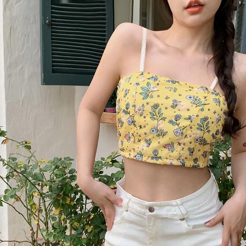 Милый женский укороченный топ на бретельках корейской версии с подкладкой и цветочным принтом