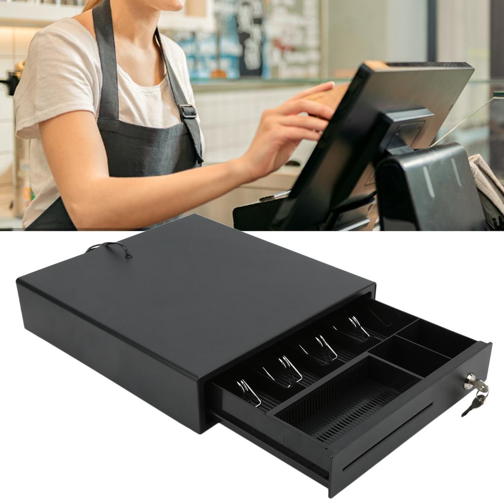 Cash Register Box 3 Coin Tray 4 Bill 3 Level Lock Black DC 12?24V with 2 Keys for Supermarket