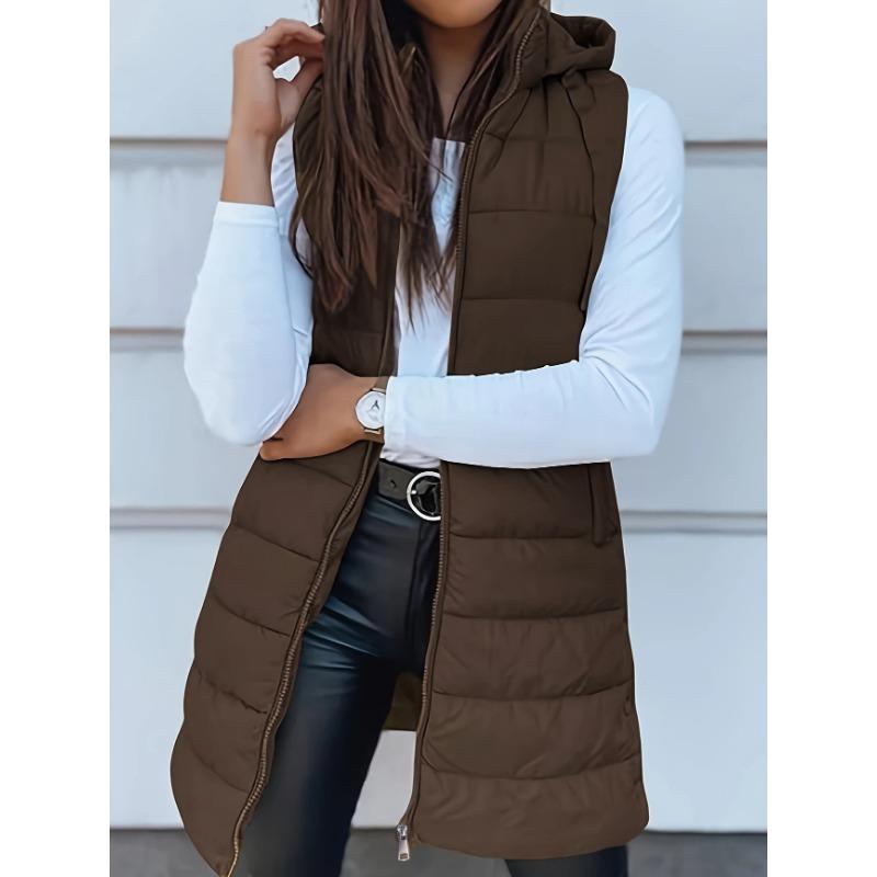 New Women's Coat Solid Color Medium and Long Vest Hooded Slim Sleeveless Coat Women