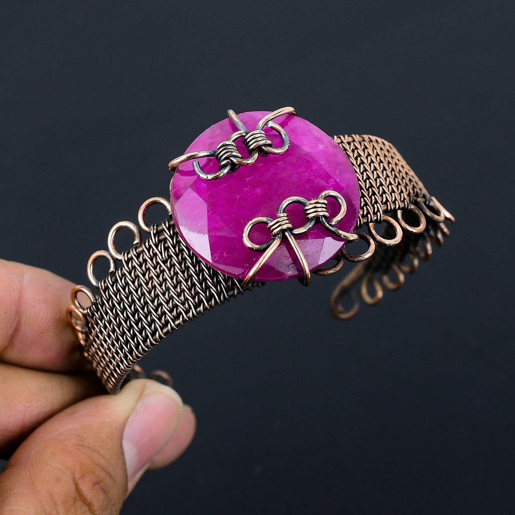 Amazing Red Ruby Gemstone Pure Copper Wire Wrapped Handmade Cuff/ Bangle Jewelry