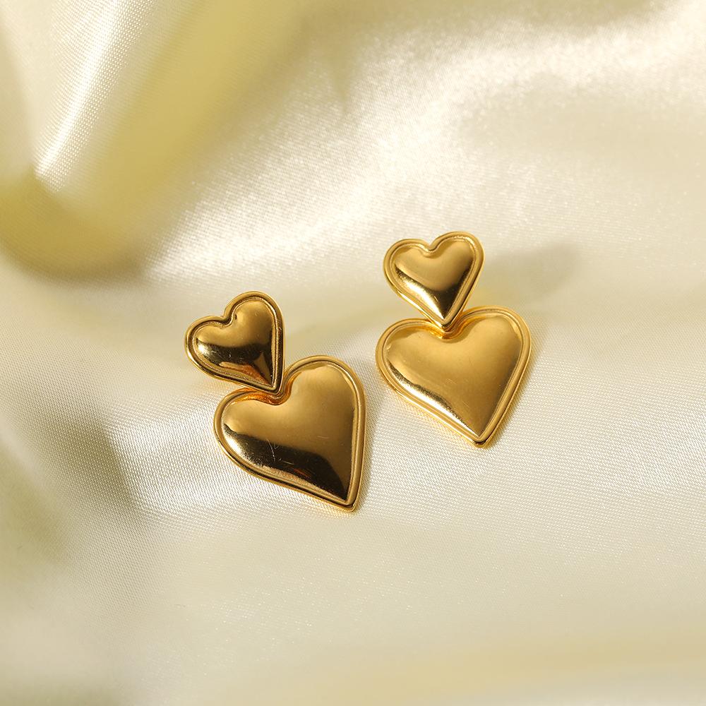 Spot European & American Style 18k Gold Love Pendant Double Heart Stainless Steel Earrings