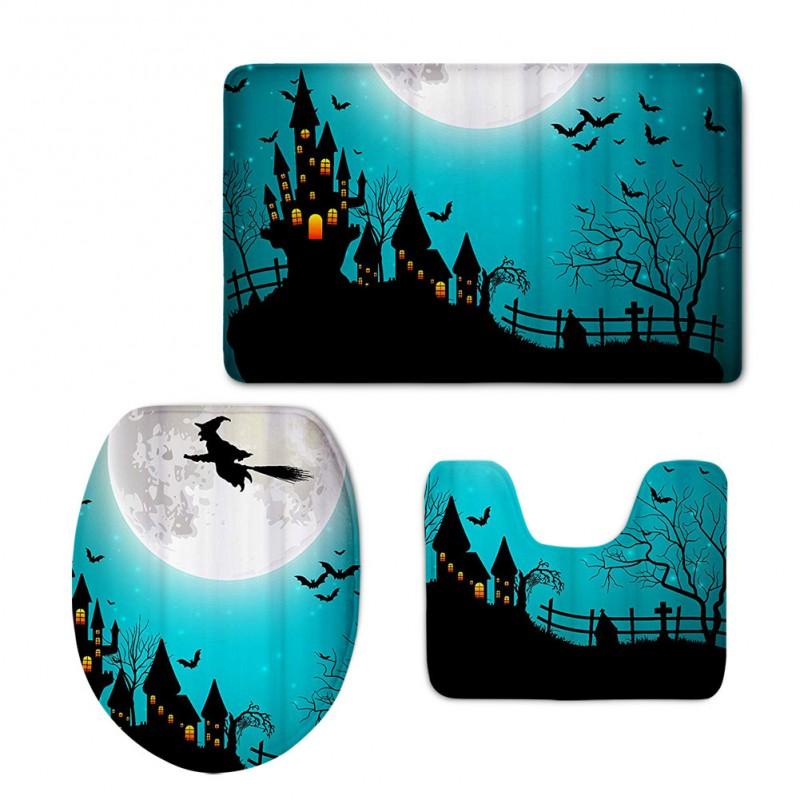 Halloween Witch Toilet Seat Cover Set 3pcs Non-Slip Plush Bathroom Mat Pumpkin Theme