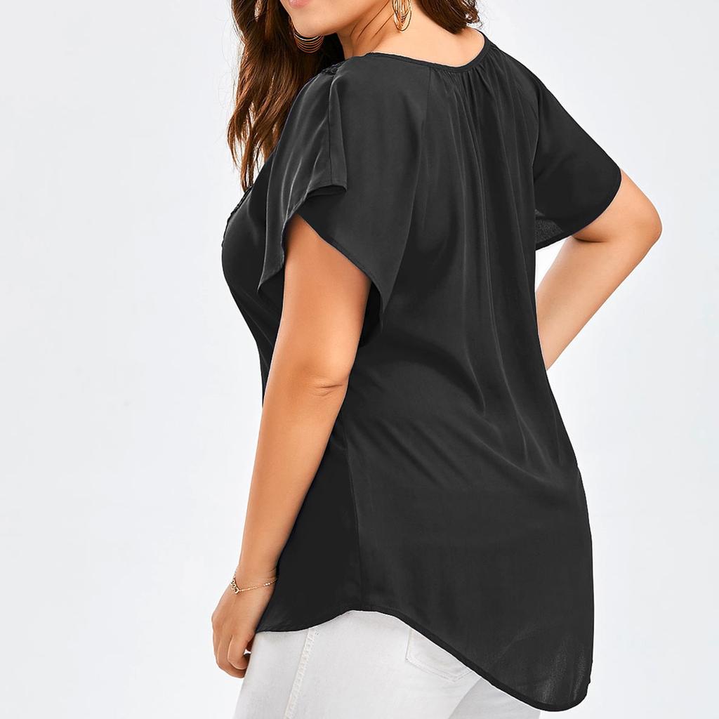 Women Fashion Plus Size Lace T-Shirt Blouse  Short Sleeve Tops