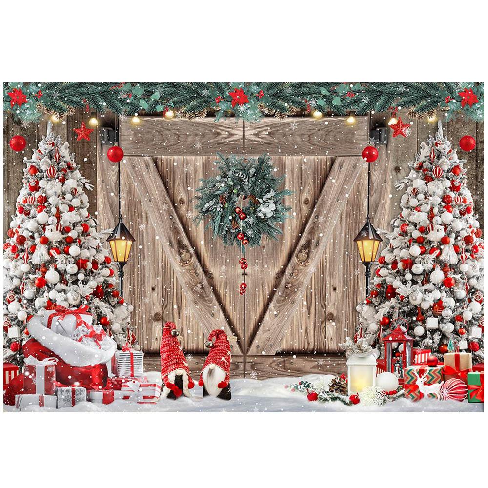 Christmas Party Backdrop Wooden Door Christmas Tree Snowflake Snow Scene Kids Portrait Photography Background Photo Studio Props