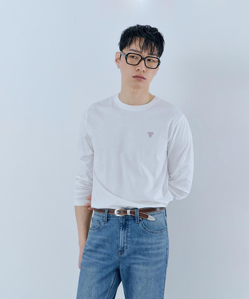 Guess [В наличии] Однотонная футболка с круглым вырезом и длинным рукавом regular fit Nq1Ke401