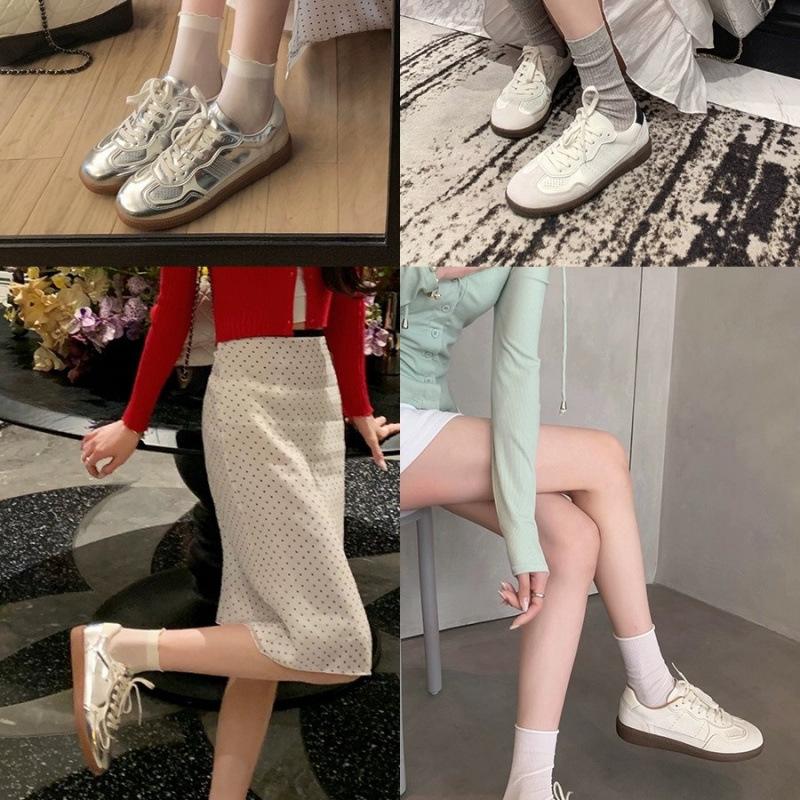 Silver Thick-soled Mesh Breathable Women's Niche Round Head Lace-up Casual Sports Board Shoes