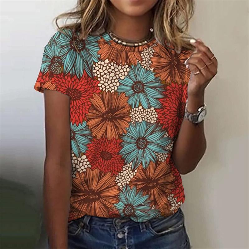 3D Printed Flower T Shirt For Women Floral Graphic Short Sleeves Summer Fashion Street O-Neck Tees Tops Loose Oversize T-Shirts