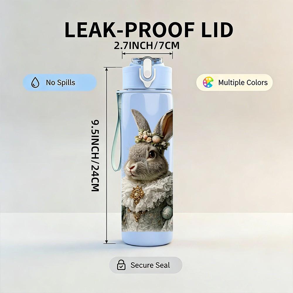 1PC Rabbit With Crown Vintage Print 750ml Color Plastic Sports Water Bottle Leakproof Flip Straw Lid Suitable for Sports Office Home Use