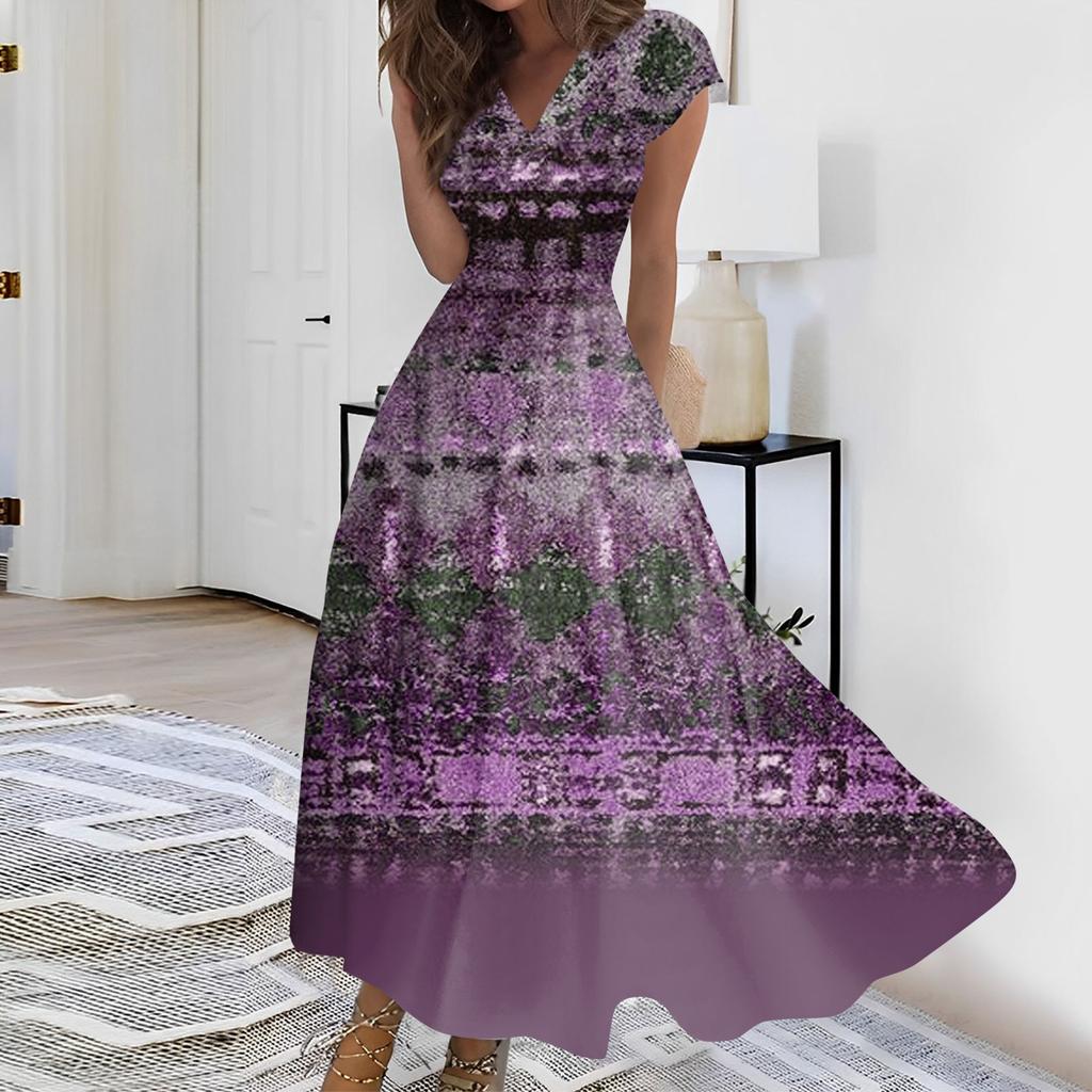 Женское длинное платье Макси-платье Повседневное платье Летнее повседневное платье с короткими рукавами и v-образным вырезом в стиле бохо с талией и принтом