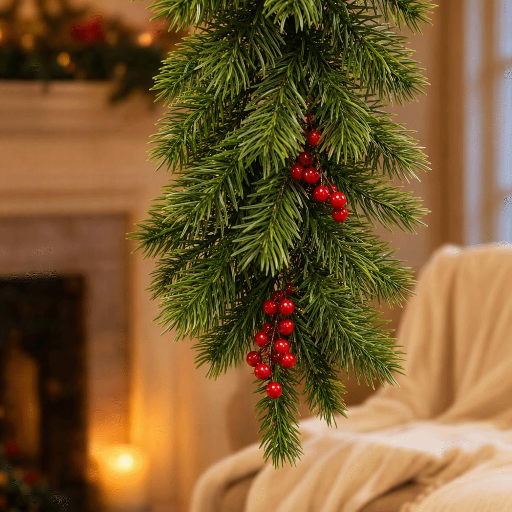 1 pc Plastic Artificial Pine Hanging Spray Realistic Red Berries Teardrop Swag Front Door