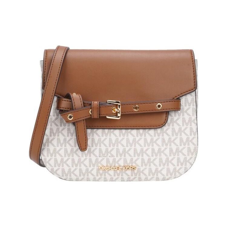 Michael Kors Mk Emilia Classic Monogram Leather Saddle Bag Women Shoulder Bag Dark-Brown White 35S2GU5C1B-VANILLA