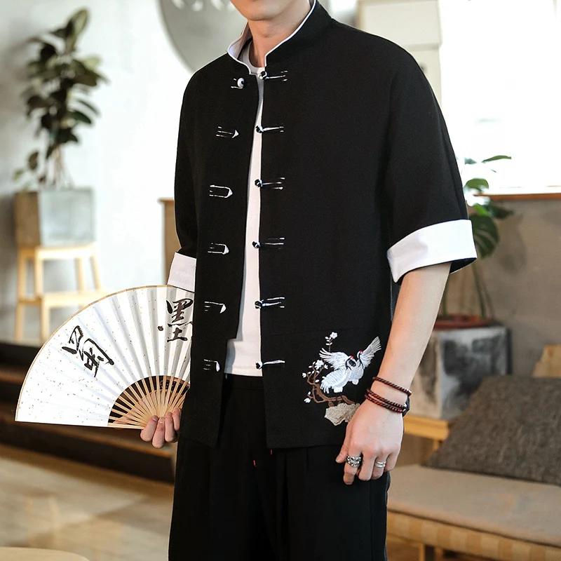 Летний топ с вышивкой журавля, традиционные рубашки для мужчин, традиционный льняной повседневный костюм Тан, кардиган для мужчин, китайский стиль, ретро-блузки в стиле кунг-фу для мужчин