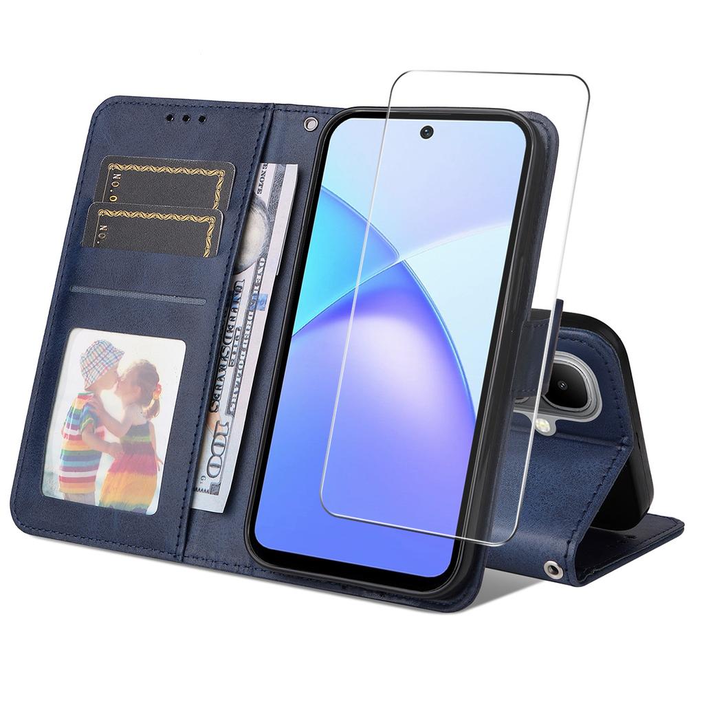 For TECNO Pop 10/Infinix Smart 10 PU Leather Wallet Case Phone Stand Cover with Tempered Glass