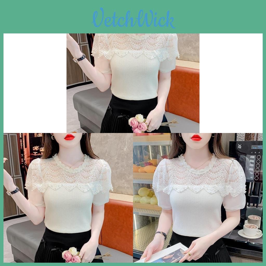 Designer Pearl Embellished Lace Spliced Chiffon Blouse For Summer Casual Wear