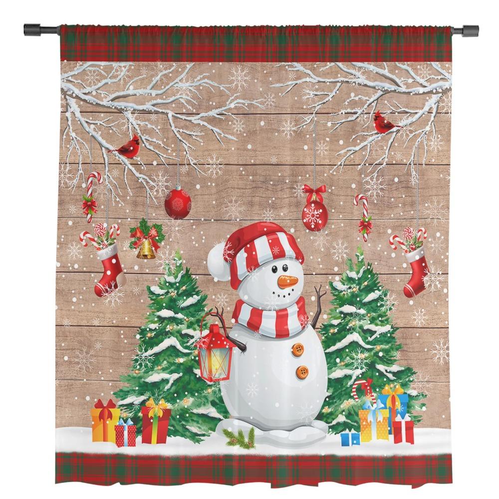 Christmas Tree Snowman Snowflake Gift Wood Grain Voile Curtains Bedroom Tulle Window Curtain Living Room Sheer Curtains Drapes