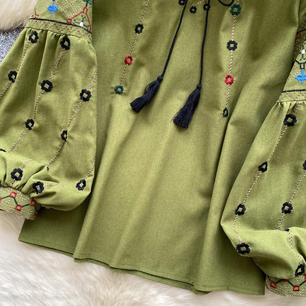 Элегантная блузка на шнуровке с вышивкой, длинным рукавом и плиссировкой. Шикарный винтажный топ с V-образным вырезом. Женская модная рубашка для весны, вечеринки по случаю дня рождения, Y2k.