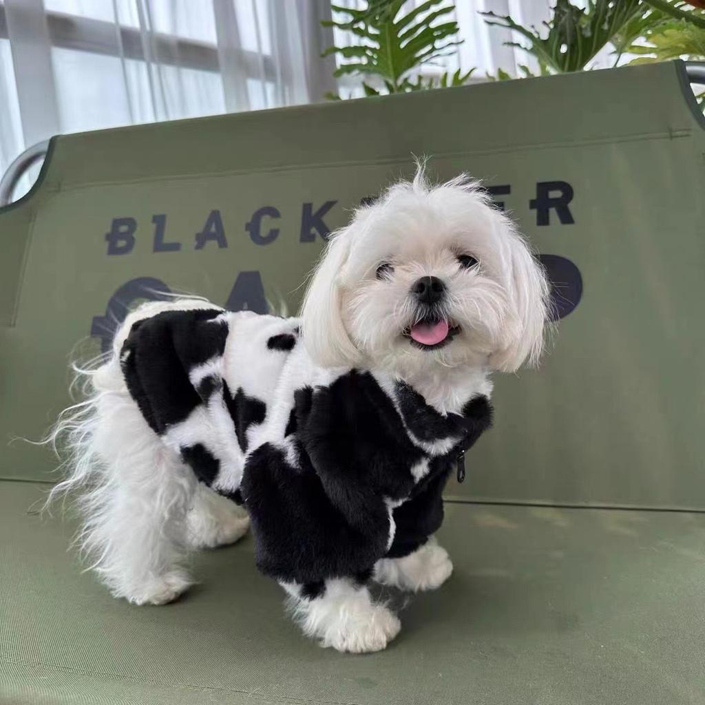 Cat Dog Clothes, Black and White Cow Coat, Fleece and Thicker Warm Cat Dog Autumn and Winter Trend Pet Coat