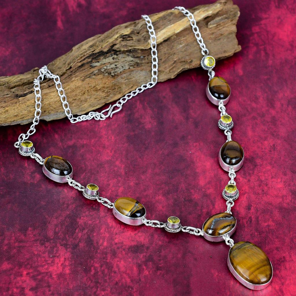 Ожерелье из тигрового глаза и цитрина из стерлингового серебра 925 пробы, регулируемое, цепочка, ожерелье из драгоценных камней ручной работы, подарок для мамы, антикварные украшения
