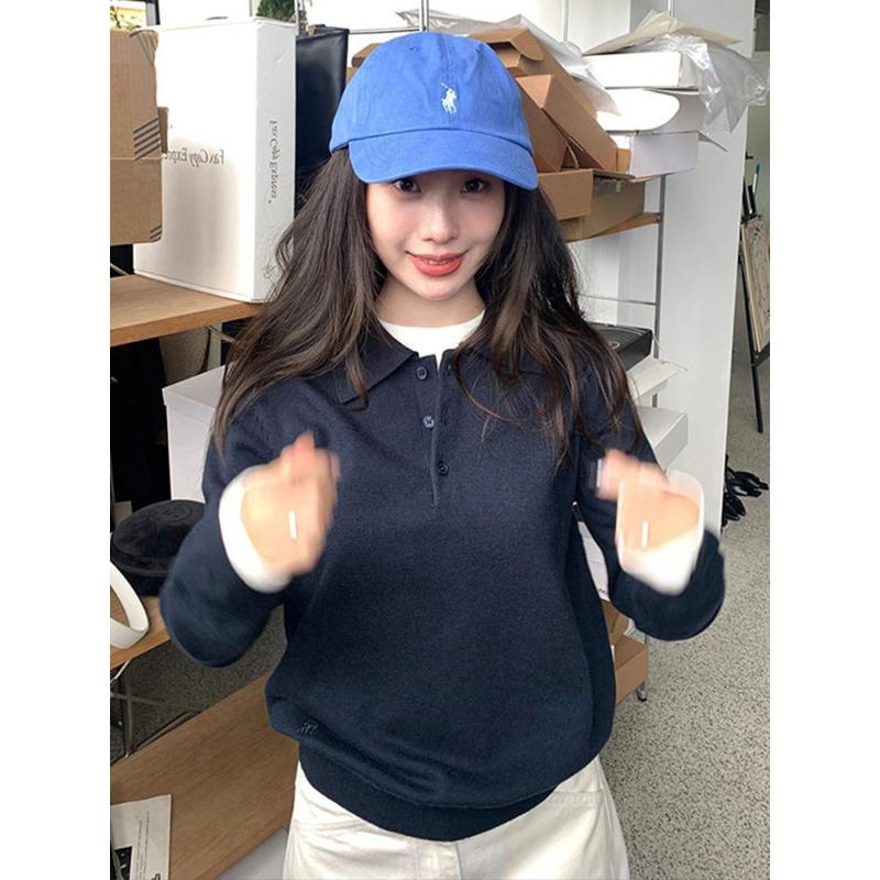 College Style Gray Polo Neck Sweater Women's Spring and Autumn New Loose and Thin Versatile Long-sleeved Knitted Sweater Top