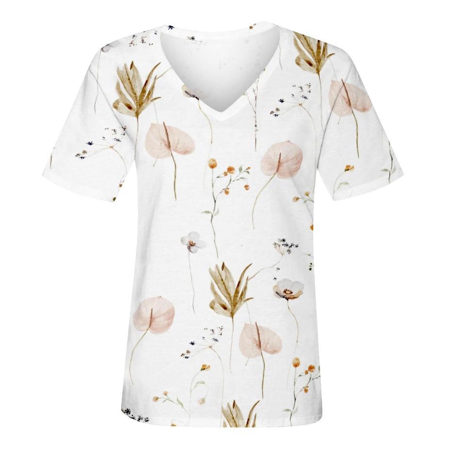 Женские летние топы, повседневная базовая футболка с V-образным вырезом и цветочным принтом, с коротким рукавом