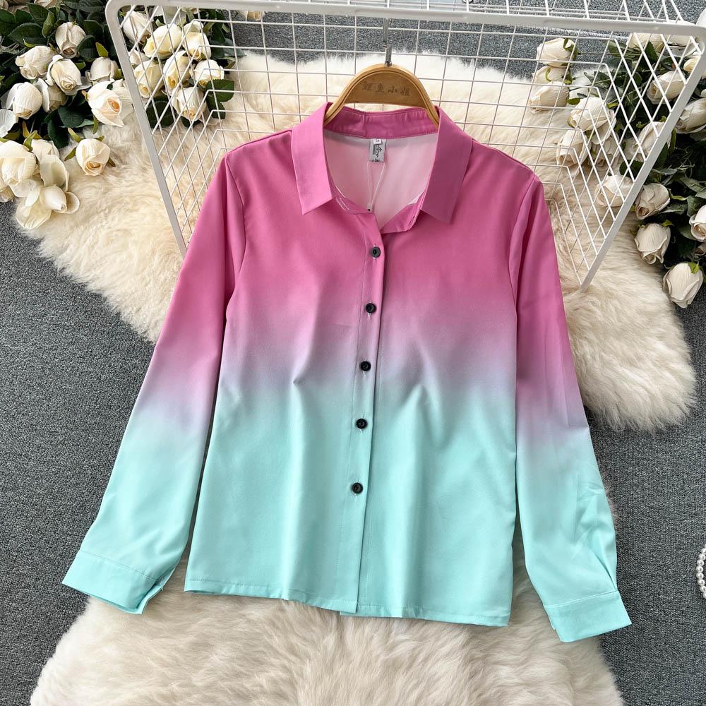 RUGOD Европейская и американская мода подходит женским градиентным рубашкам с длинными рукавами, женским повседневным прямым широким брюкам