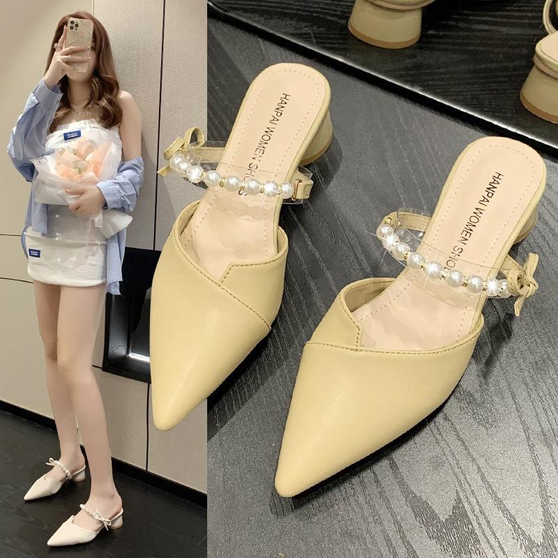 Летние новые корейские тапочки Baotou женские мюли толстый каблук острый нос туфли на высоком каблуке жемчужные полосатые тапочки Pantuflas De Mujer